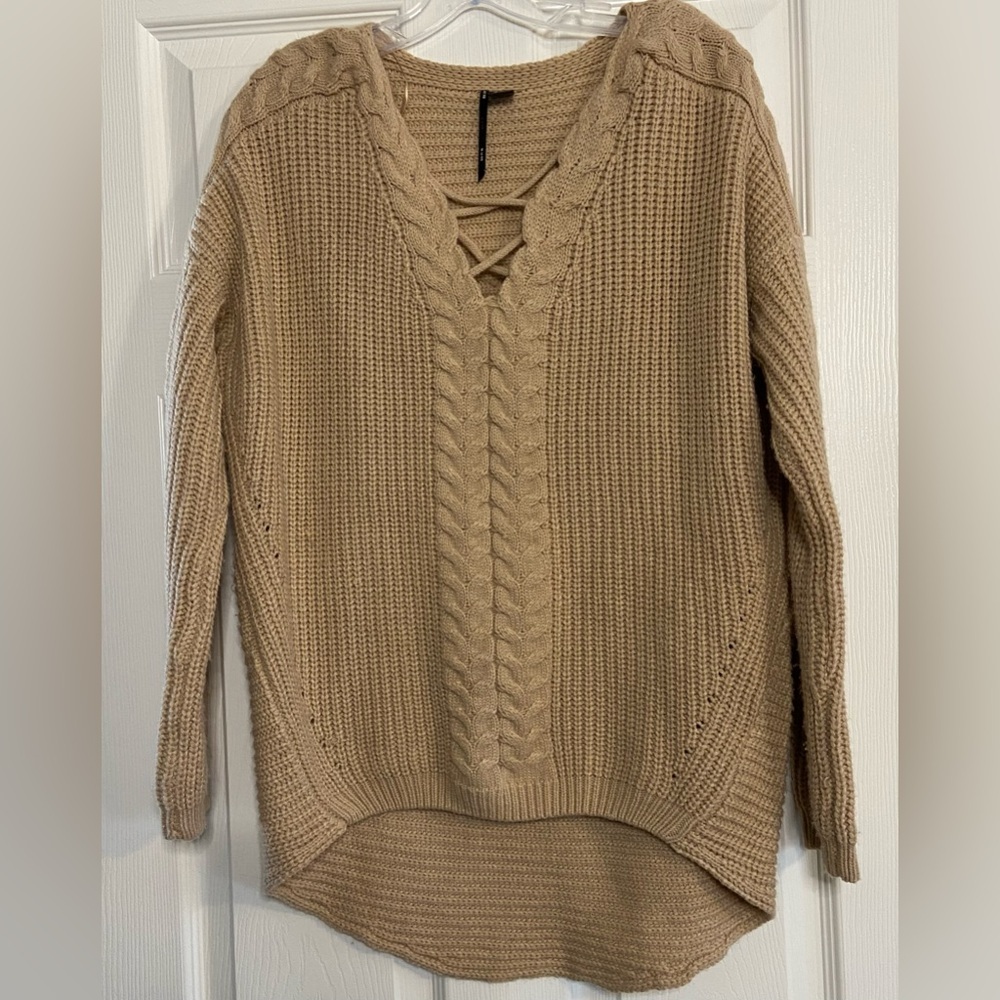So It Is Women's Size S Tan Open Knit Long Sleeve V Neck Pullover Sweater